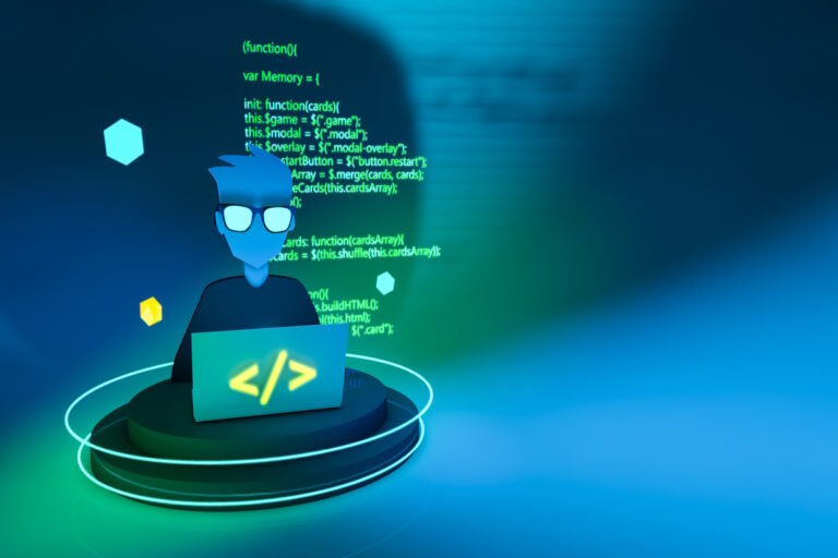 Programmer with 3d computer and green code